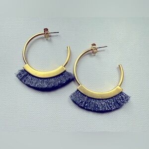 Gold Hoop Earrings with Dark Denim Blue Tassels
